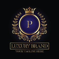Luxurious Emblem Design with Gold Letter P and Crown on Black Background