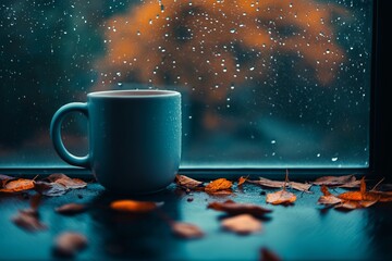 Cozy autumn morning scene with white mug on windowsill, raindrops on glass, and scattered leaves, evoking warmth and seasonal comfort in a rainy weather setting