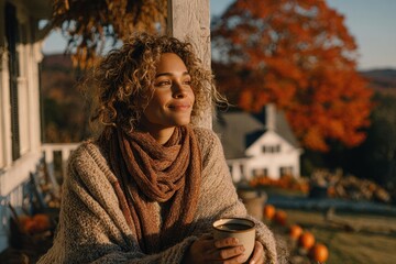 Young woman enjoys peaceful autumn morning on balcony with coffee, surrounded by vibrant orange leaves and white house, evoking cozy seasonal lifestyle