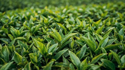Naklejka premium Morning dew on green tea leaves in plantation