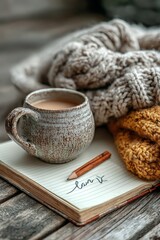 Warm autumn lifestyle scene featuring tea, knitted blanket, and handwritten notebook on rustic wood, ideal for themes of comfort, mindfulness, and seasonal marketing