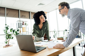 Obraz premium Professional business meeting with multiethnic colleagues collaborating on a project in a modern office setting