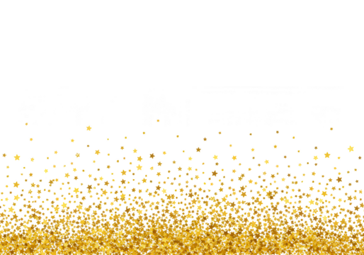 A scattering of tiny gold stars creates a sparkling, festive texture at the bottom of a white background, isolated on transparent background