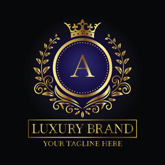 Luxurious Emblem Design with Gold Letter A and Crown on Black Background