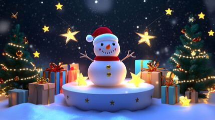 Obraz premium Enchanting Christmas Scene: Snowman, Trees, Gifts, and Starry Night Celebration