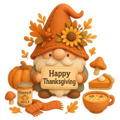 Cozy Thanksgiving gnome holding sign with pie and pumpkins, surrounded by autumn elements.