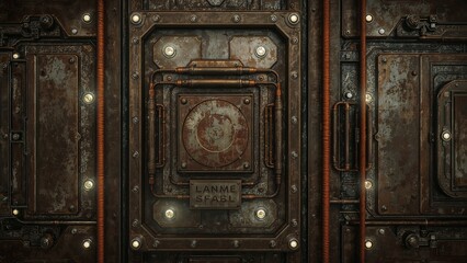 Intricate grimy sci-fi metal wall with tubes and lights