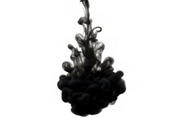 Black and silver ink swirling and mixing in water, forming dynamic abstract shapes against a transparent background, creating a stunning visual effect