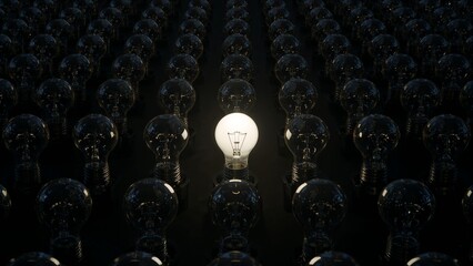 One glowing bulb among many unlit lights