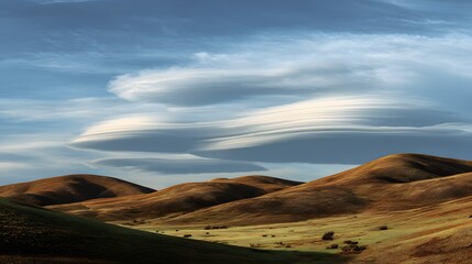 Naklejka premium Rolling hill under swirling lenticular clouds unusual atmospheric conditions colorful late afternoon lighting strange yet serene natural landscape human eye wide view white background