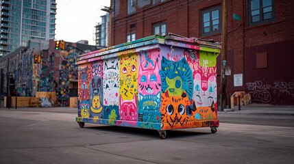 Obraz premium Artistic handpainted mural-covered dumpster standing proudly in an urban environment, a true expression of public art