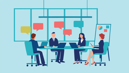 Illustration of a business meeting with four people and a whiteboard presentation in a modern office