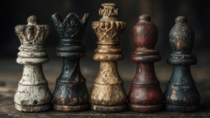 Fototapeta premium Rustic Wooden Chess Pieces Showcasing Strategic Game and Intellectual Challenge