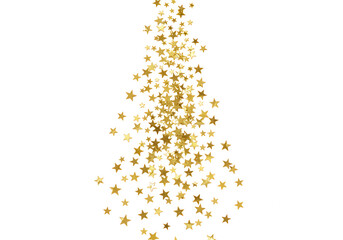 A cascade of golden star glitter confetti falling isolated on transparent background