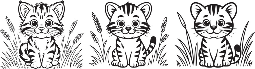 three cute cartoon tiger cubs sitting in grass with wheat stalks isolated on transparent background