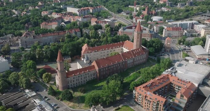 Aerial orbit of Piast Castle in Legnica, Poland