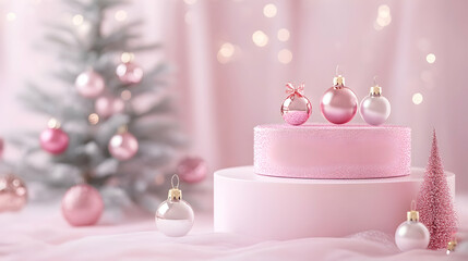 Elegant pastel pink christmas showcase featuring ornaments and a small christmas tree