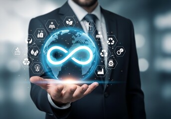 Businessman holding a glowing digital globe with infinity symbol and environmental icons representing sustainability