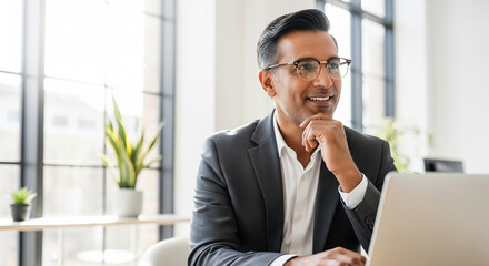 Successful mature Indian businessman in glasses smiling thoughtfully while working on a laptop in a modern office