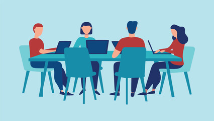 Group of people working on laptops around a table in a bright blue office setting design style