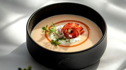 Lobster bisque in elegant black ceramic bowl with lobster medallion garnish and fresh microgreens on white linen
