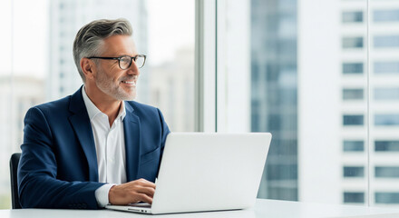 Confident senior executive in a suit smiling while working at his desk in a high-rise corporate office