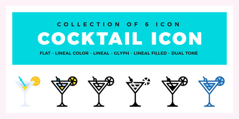 Collection of 6 Cocktail Icons. Flat. Lineal. Glyph Styles