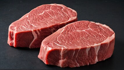 Two raw beef tenderloin steaks, also known as filet mignon, are isolated on a black surface