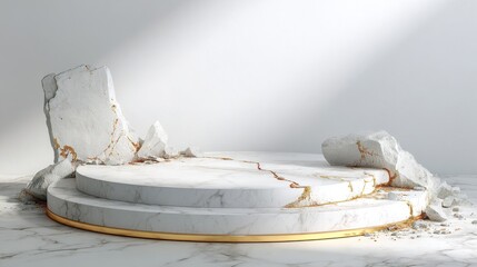 High-quality photo of white stone plate cosmetic podium 3d background or abstract empty product display floor platform broken and blank rock stage stand on plaster concrete pedestal.