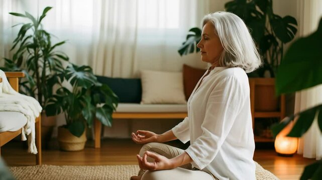 Mature woman meditating at home in lotus pose. Practicing mindful breathing and inner peace for mental wellness. Relaxing footage.