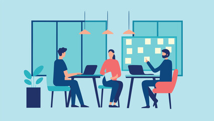 Three people working at desks with laptops in a modern office with a plant and sticky notes on a board