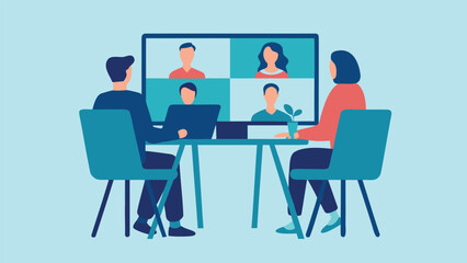 People attending a video conference meeting with four participants on a large screen display