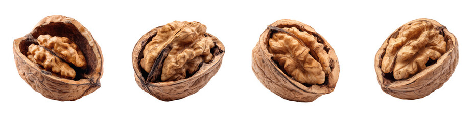Fototapeta premium Detailed walnut in different views, a nutritious and raw snack with textured shell, PNG set with transparent background