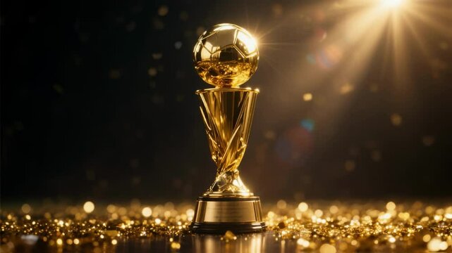 A golden soccer trophy illuminated by a bright spotlight stands amidst falling confetti, a symbol of championship victory, sports achievement, and ultimate success in competition