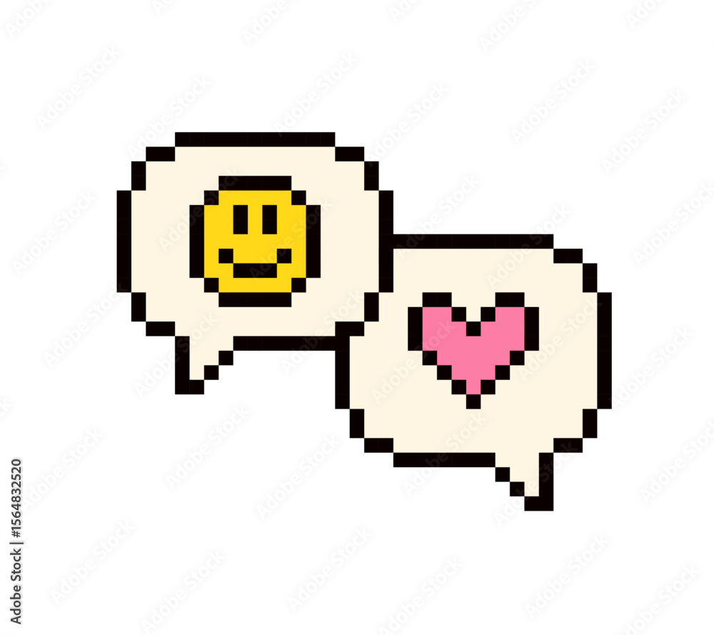 Poster Pixel Art Social media icos with chat message with emotions in retro 8-bit game style. Vintage sticker in game design in 90's aesthetics. Editable vector graphics perfect for patch, pin, badge design