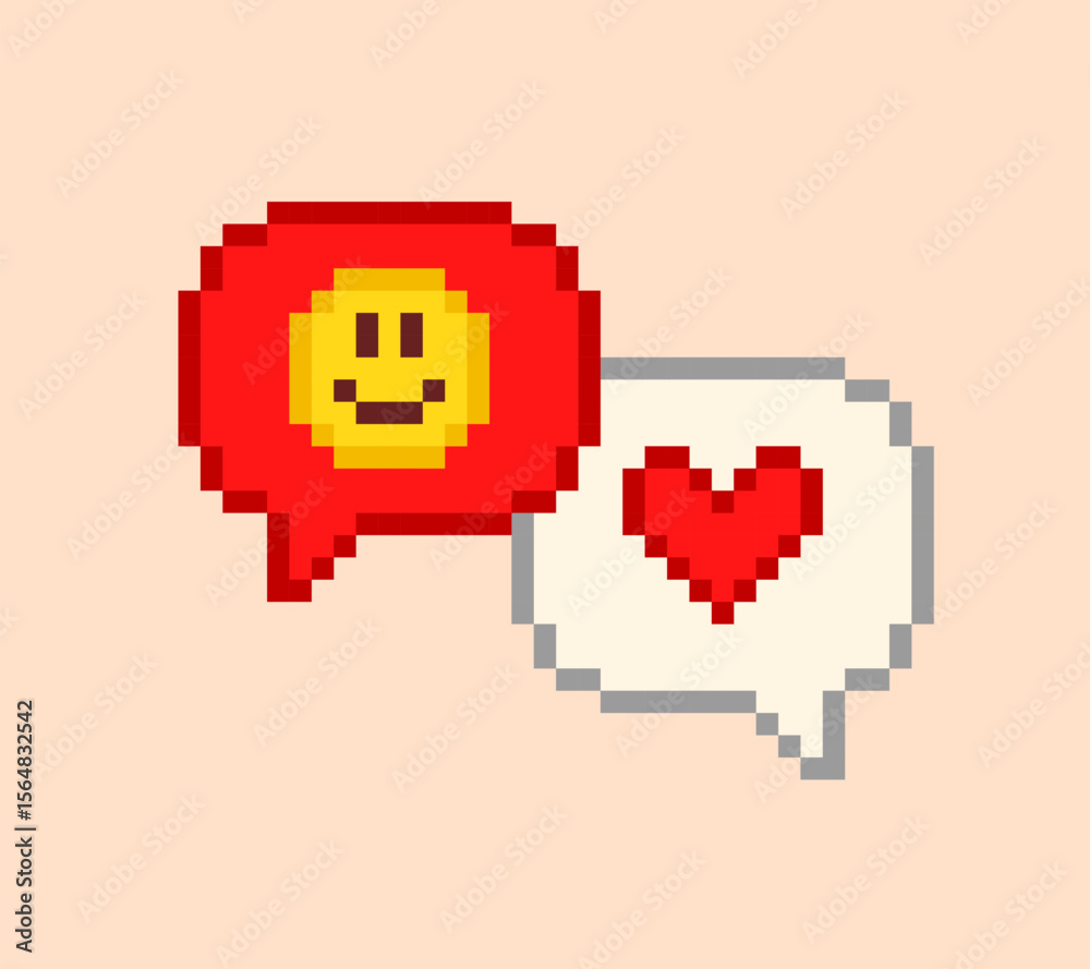 Poster Pixel Art Social media icos with chat message with emotions in retro 8-bit game style. Vintage sticker in game design in 90's aesthetics. Editable vector graphics perfect for patch, pin, badge design