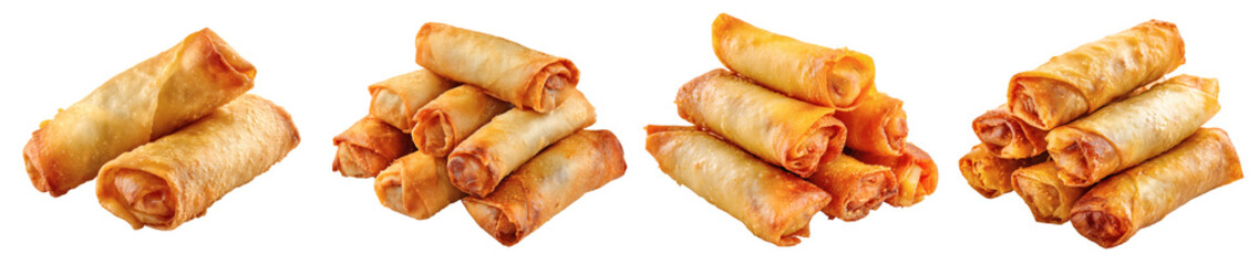 Pile of Golden Spring Roll Appetizers, Asian Fried Snack Cuisine, Crispy Oriental Dish for Takeaway, PNG set, with transparent background