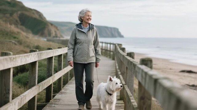 Happy senior woman enjoys a walk with her white terrier dog on a wooden coastal boardwalk, representing an active and healthy retirement lifestyle and the joy of pet companionship