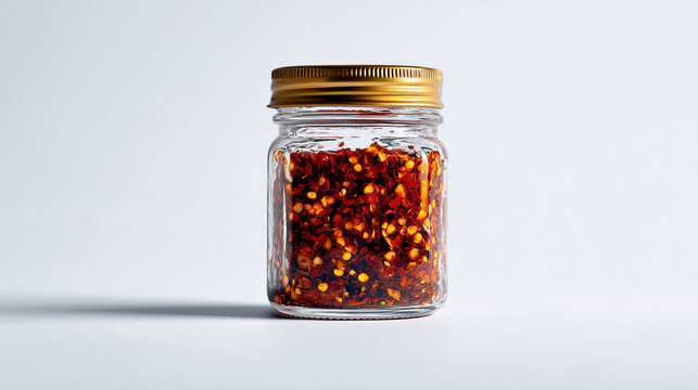 Artisanal chili crisp jar displayed on white background ideal for gourmet photography and condiment branding