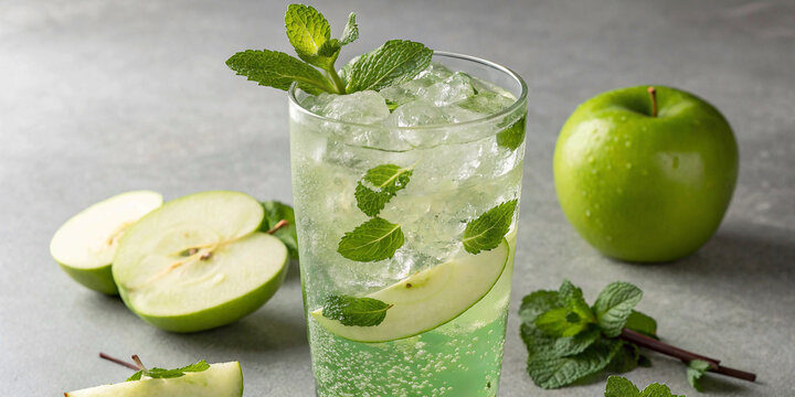 iced sparkling green apple soda with fresh mint garnish