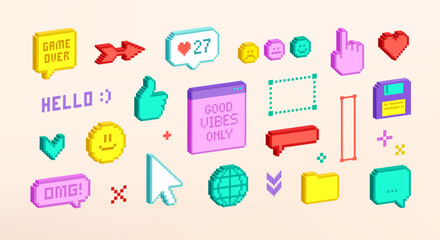 Colorful 3D pixel social media icons of 90's aesthetics. 3D elements and stickers Pixel game. 8-bit retro game background. Trendy Y2k geometric brutalism UI interface elements. Editable vector