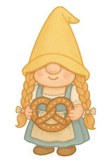 Adorable female gnome with blonde braids holding pretzel, dressed in folk costume, Oktoberfest food theme.