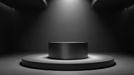 High-quality photo of pedestal of Platform display with black stand podium on dark room background. Blank Exhibition or empty product shelf. 3D rendering.