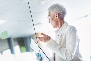 Successful businesswoman in a modern office setting discussing business strategy with a focus on...