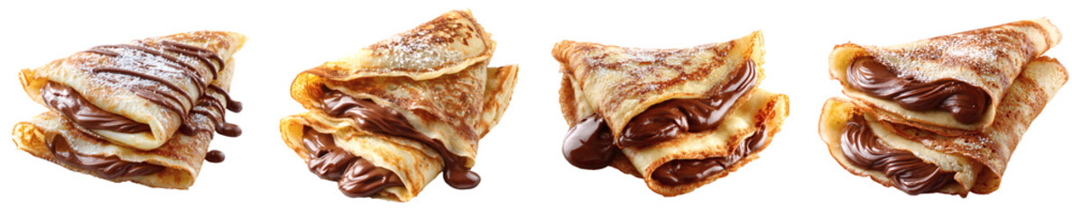 Gourmet Crepe Stack with Chocolate Hazelnut Filling and Powdered Sugar Drizzle, Delicious Dessert PNG set, transparent background