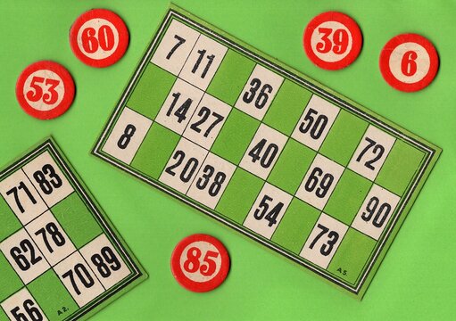 Content from the vintage game of Lotto or Bingo on a bright coloured background.