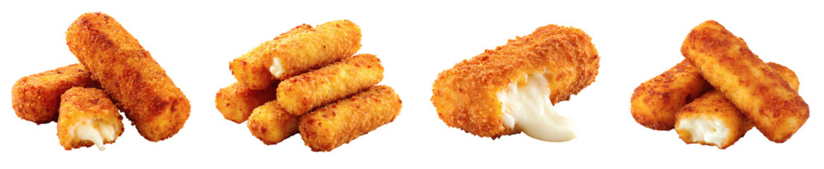 Golden Fried Mozzarella Cheese Stick, Crispy and Melted, Ideal as Snack or Appetizer, Ready to Eat, PNG set with transparent background