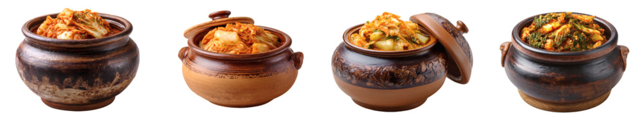 Authentic Kimchi in a Ceramic Pot, Gourmet Asian Cuisine, PNG set with transparent background