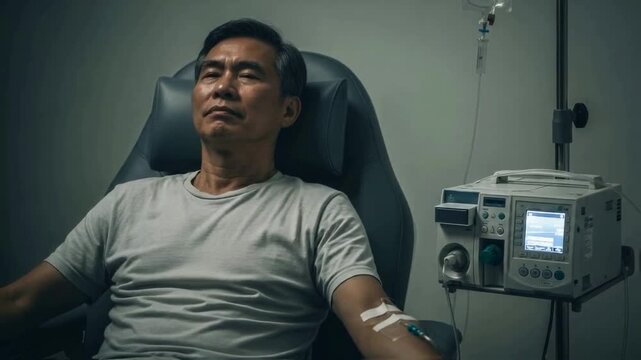 Asian male patient rests calmly in a chair while receiving intravenous therapy or hemodialysis from a machine, representing treatment for chronic kidney disease and advanced healthcare