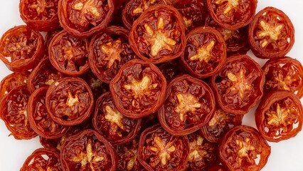 Vibrant heap of sun dried tomatoes on white background